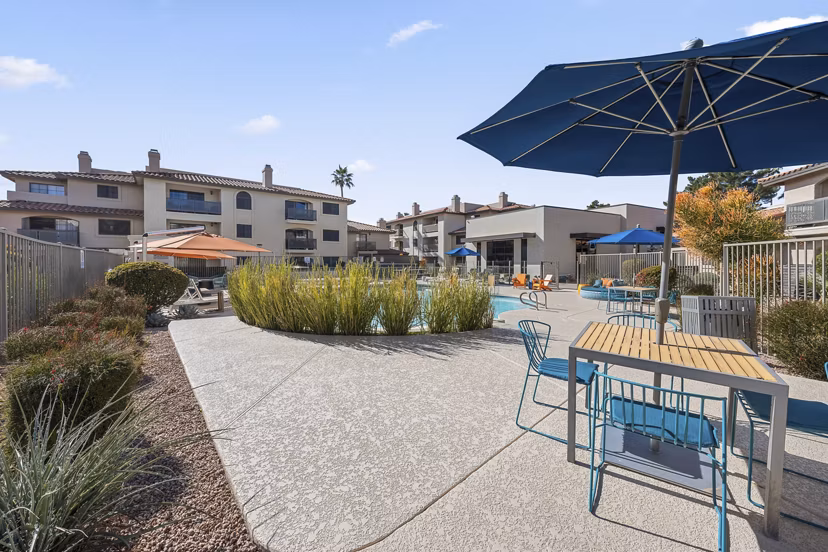 Spacious patio with modern furniture at Chazal Scottsdale Apartments in Arizona