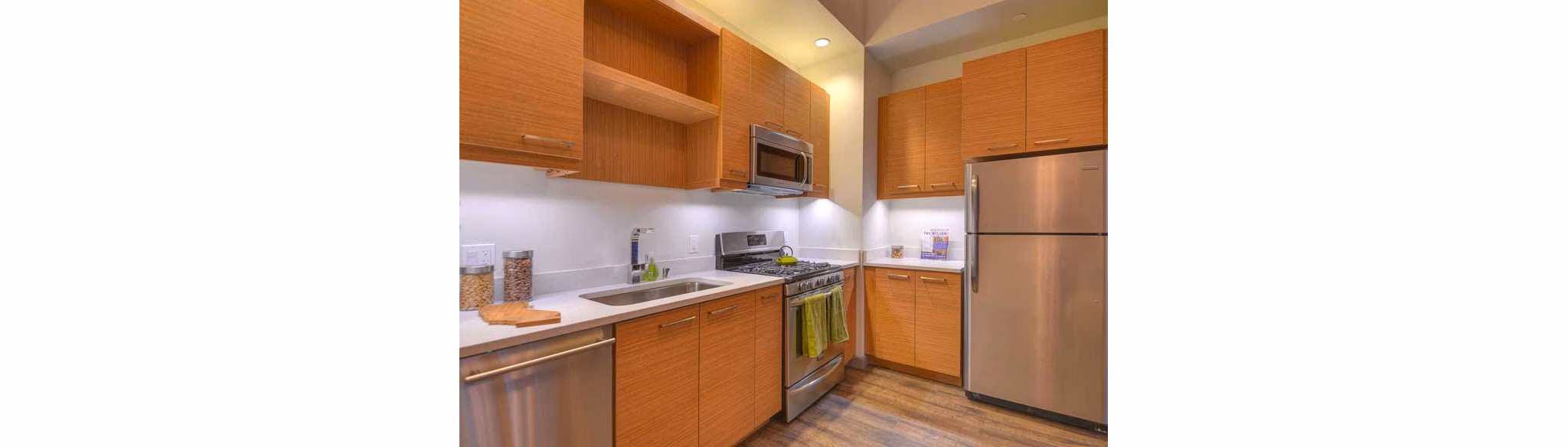 Modern kitchen with stainless steel appliances at The Wilson Building Apartments