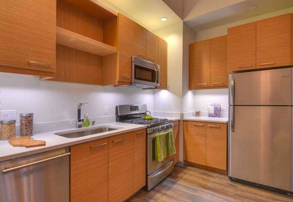 Modern kitchen with stainless steel appliances at The Wilson Building Apartments