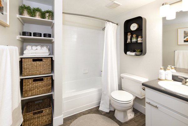 Modern bathroom with marble countertop at The Ridge at Mountain View Apartments