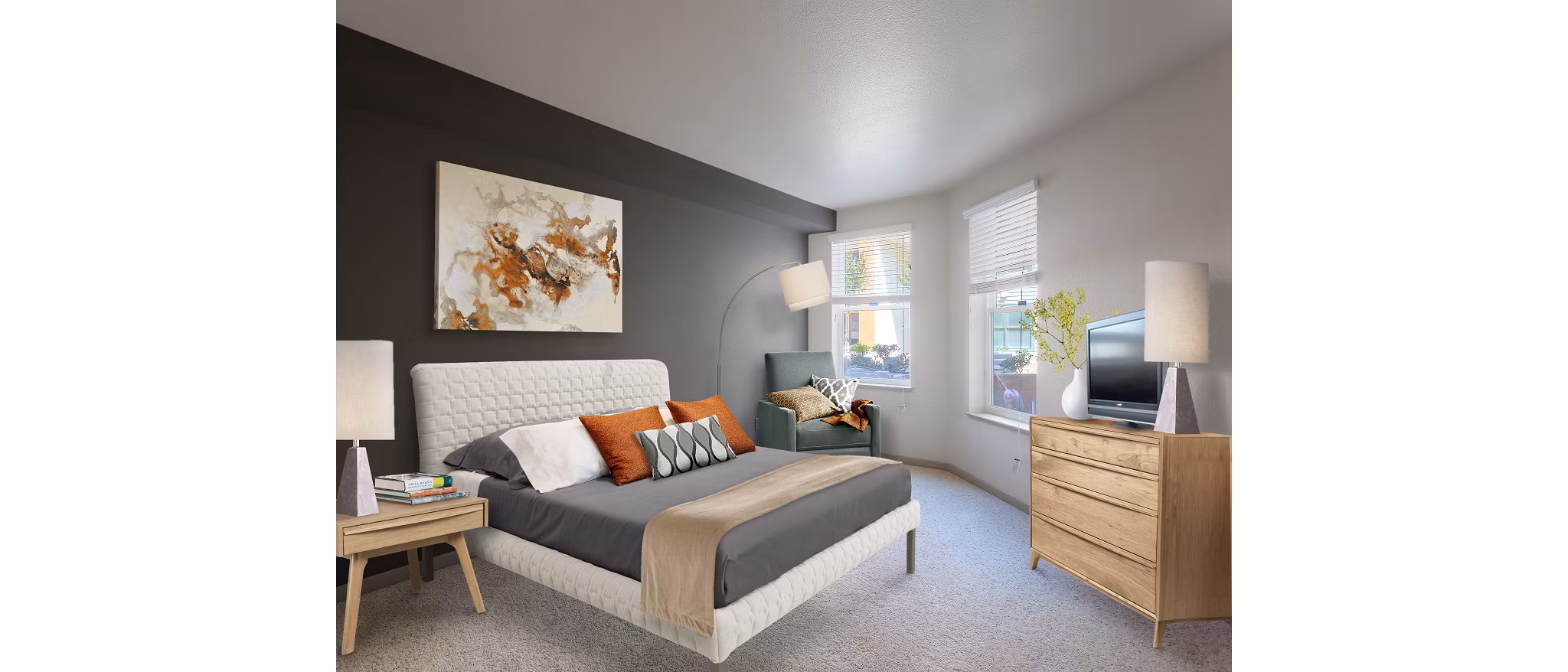 Bedroom featuring modern furnishings and large windows at 121 Tasman Apartments, luxury living space tailored for comfort