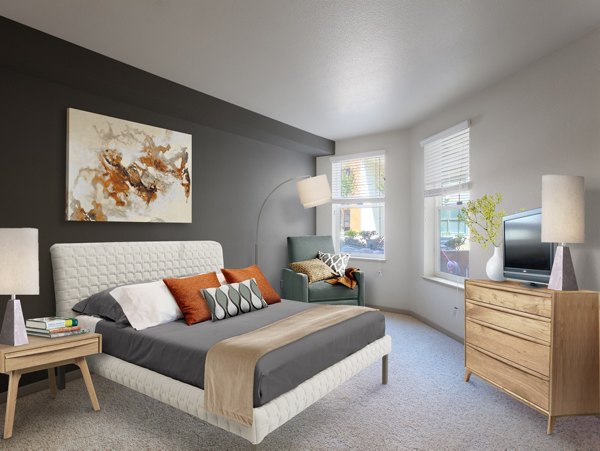 Bedroom featuring modern furnishings and large windows at 121 Tasman Apartments, luxury living space tailored for comfort