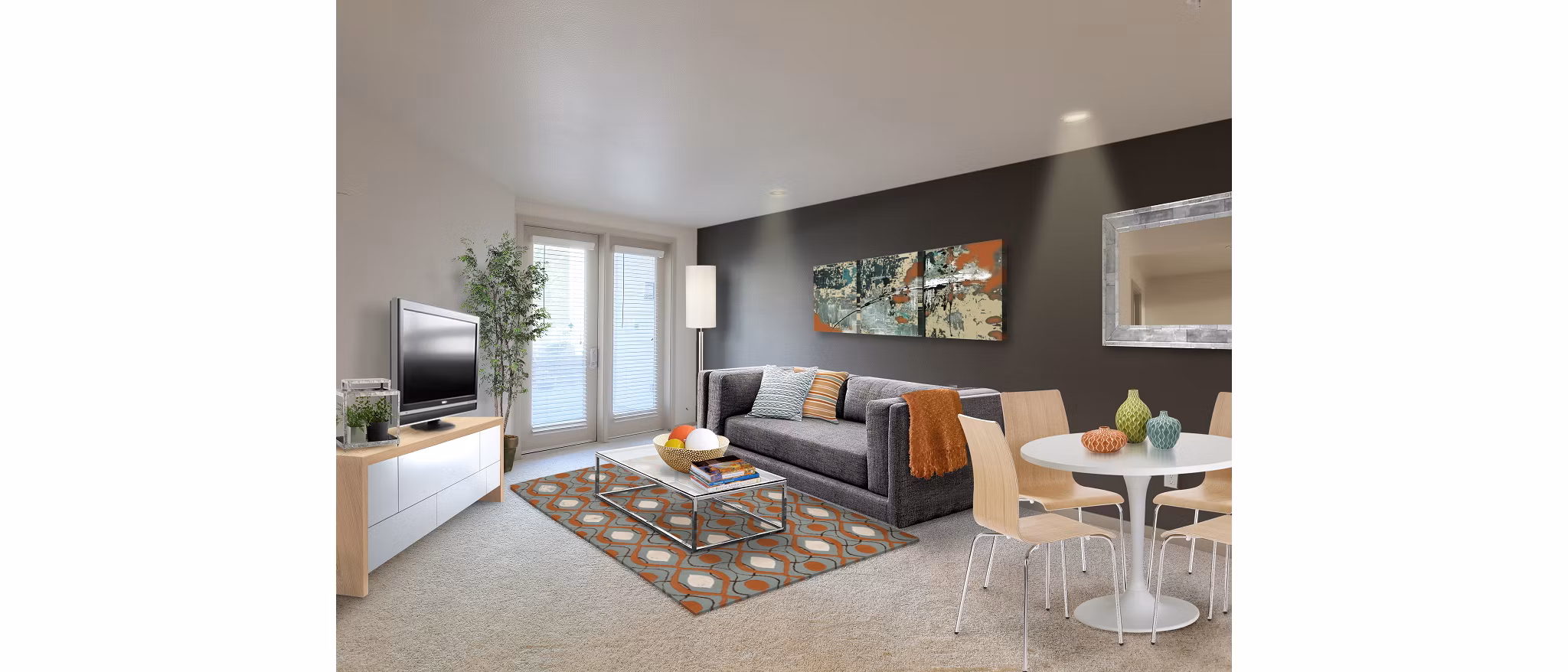 Modern living room with elegant decor and bright lighting at 121 Tasman Apartments