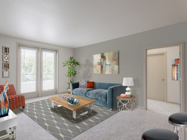 Contemporary living room with stylish furnishings at 121 Tasman Apartments in a luxury  community