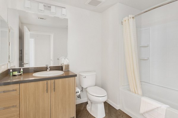 Bathroom with modern fixtures at mResidences Redwood City Apartments
