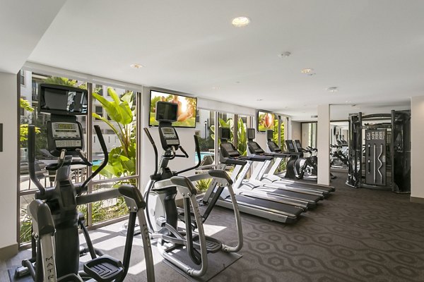 State-of-the-art fitness center with modern equipment at mResidences Redwood City Apartments
