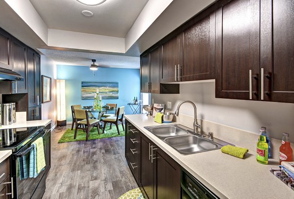 Modern kitchen with stainless steel appliances at Central Park East Apartments