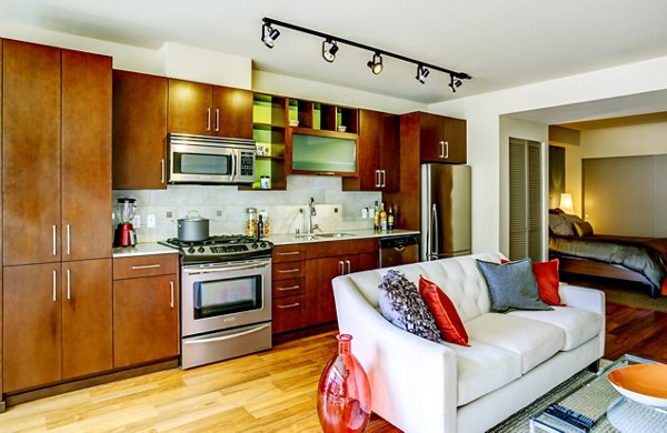 Stylish living room with modern decor and large windows at Equinox Apartments