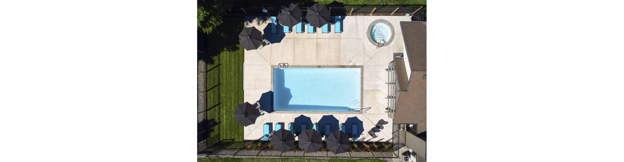 Resort-style pool with loungers and lush landscaping at The Woodlands Apartments, offering luxury living experiences