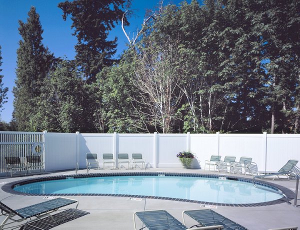 Crystal-clear pool with lounge chairs at Island Homestead Apartments