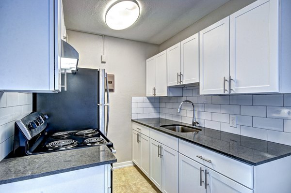 Modern kitchen with white cabinets and a black countertop in luxury apartment setting