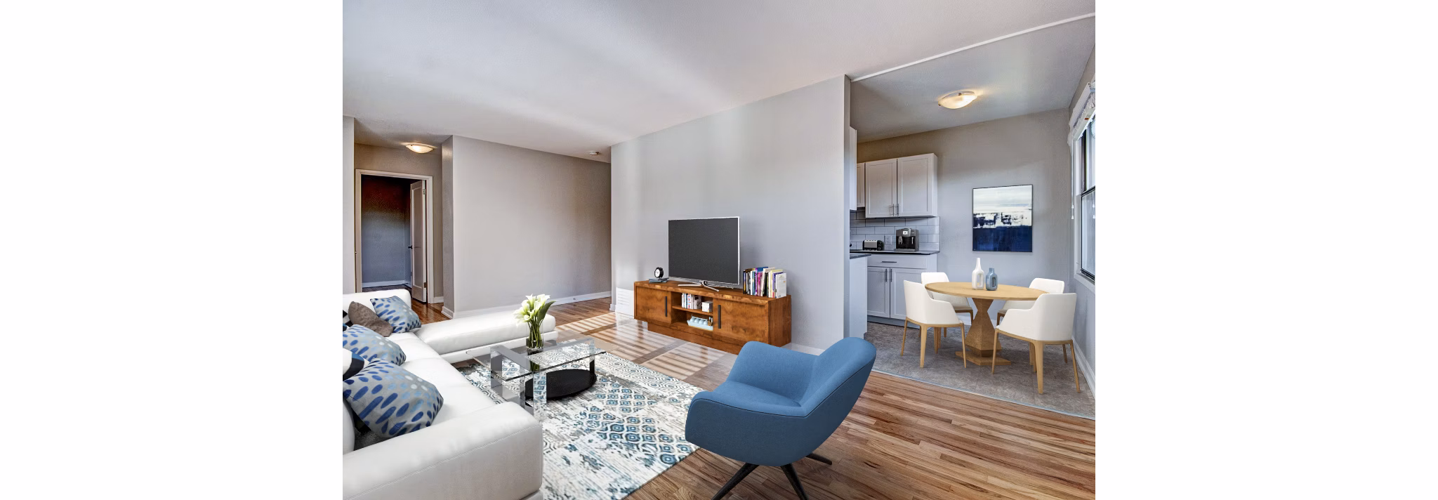 Cozy living room with modern dÃ©cor and natural light at Lock Vista Apartments