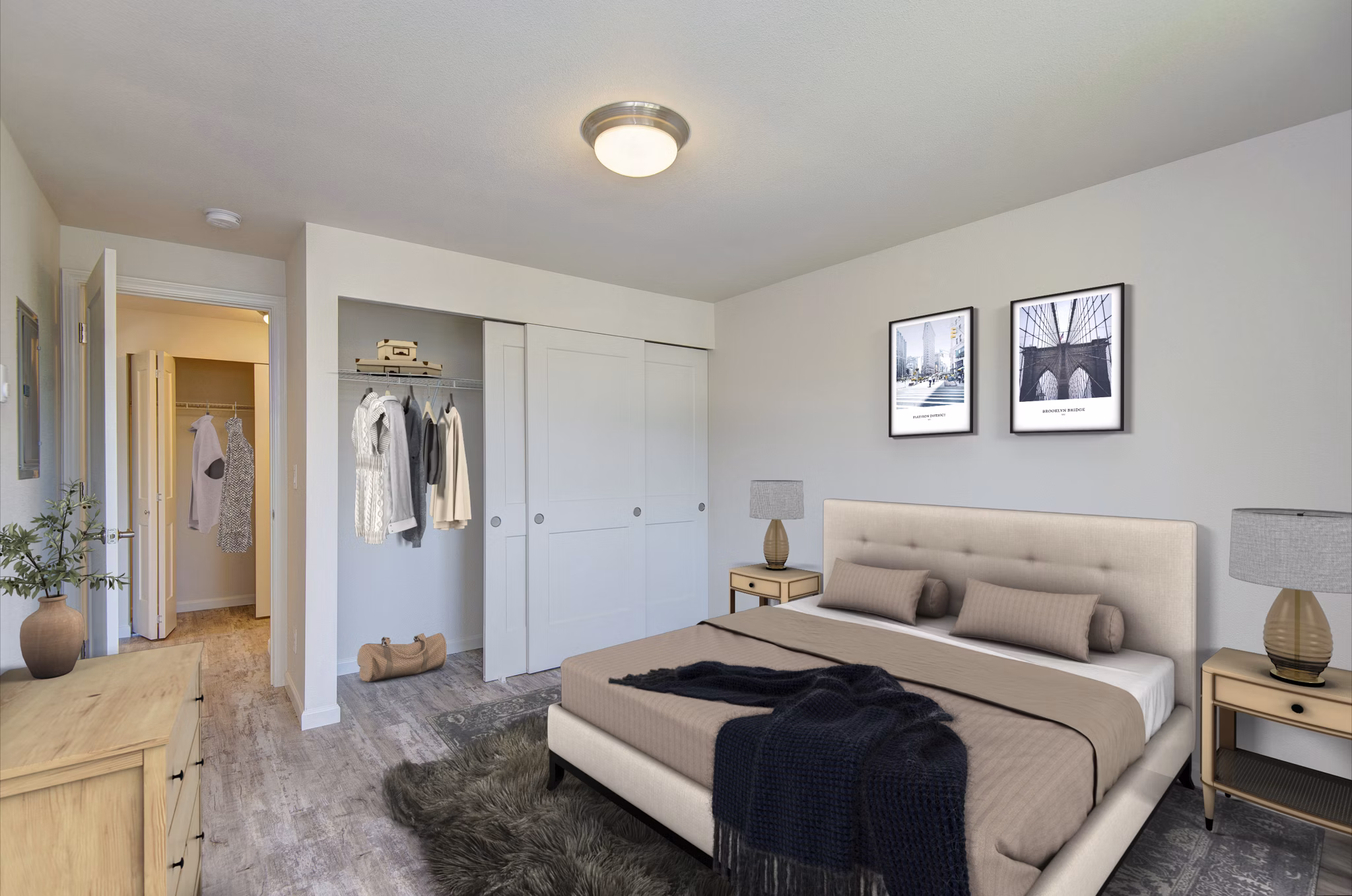 Cozy bedroom with plush bedding and natural light at Linden Highlands Apartments