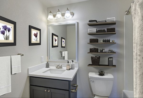 Modern bathroom featuring sleek fixtures in Linden Highlands Apartments