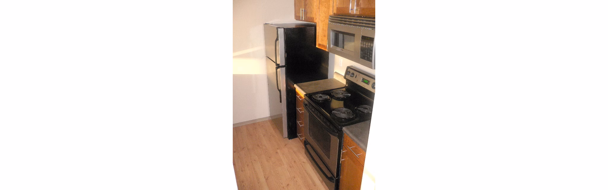 Modern kitchen with stainless steel appliances in Post Alley Court Apartments