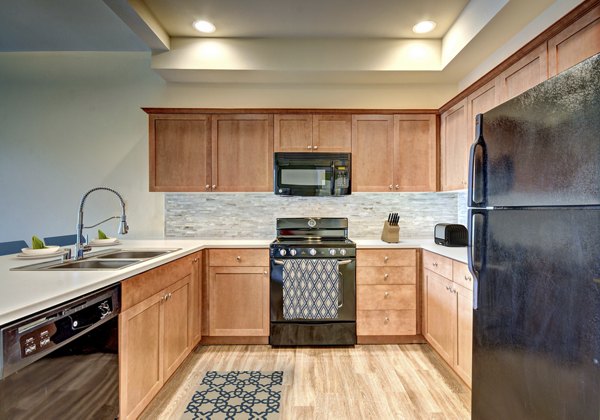 Modern kitchen with stainless steel appliances at Chelsea Heights Apartments, featuring granite countertops and sleek cabinetry
