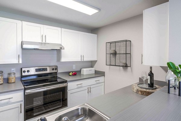 Modern kitchen with stainless steel appliances at Avana One Zero Nine Apartments