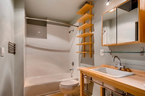 Modern bathroom with sleek fixtures at Albers Mill Lofts Apartments
