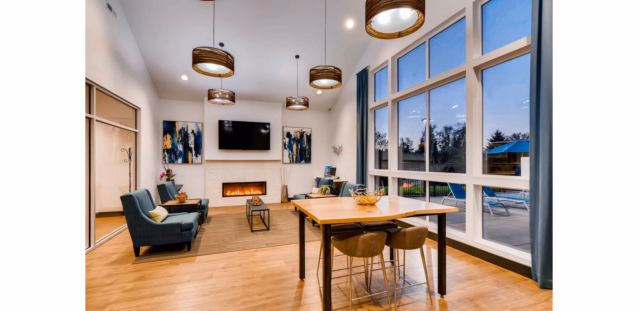 Clubhouse featuring modern interior design at Rivercrest Meadows Apartments