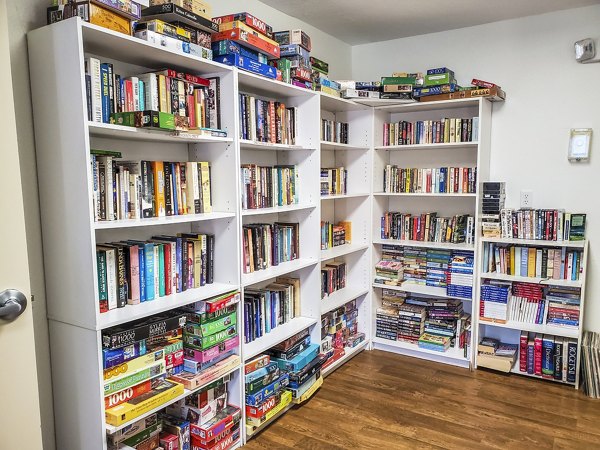 Cozy clubhouse library featuring plush seating and bookshelves at Meadowlawn Apartments, perfect for reading and relaxation