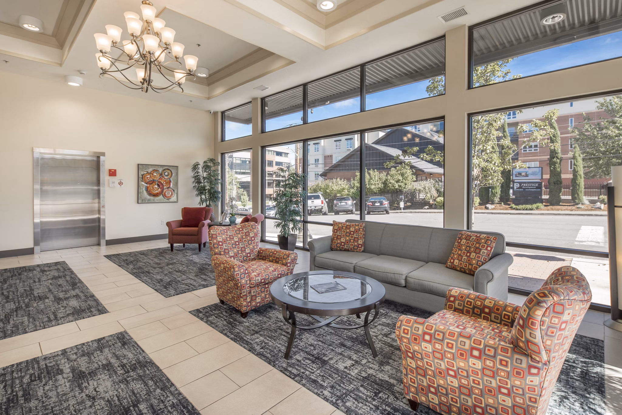 Clubhouse featuring modern design and communal seating at The Felix Apartments