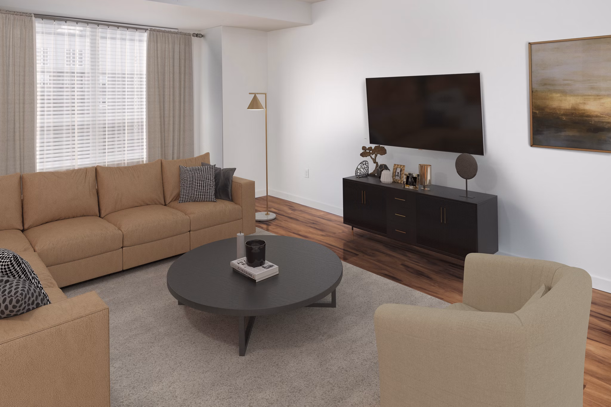 Spacious living room featuring modern decor and large windows at The Felix Apartments