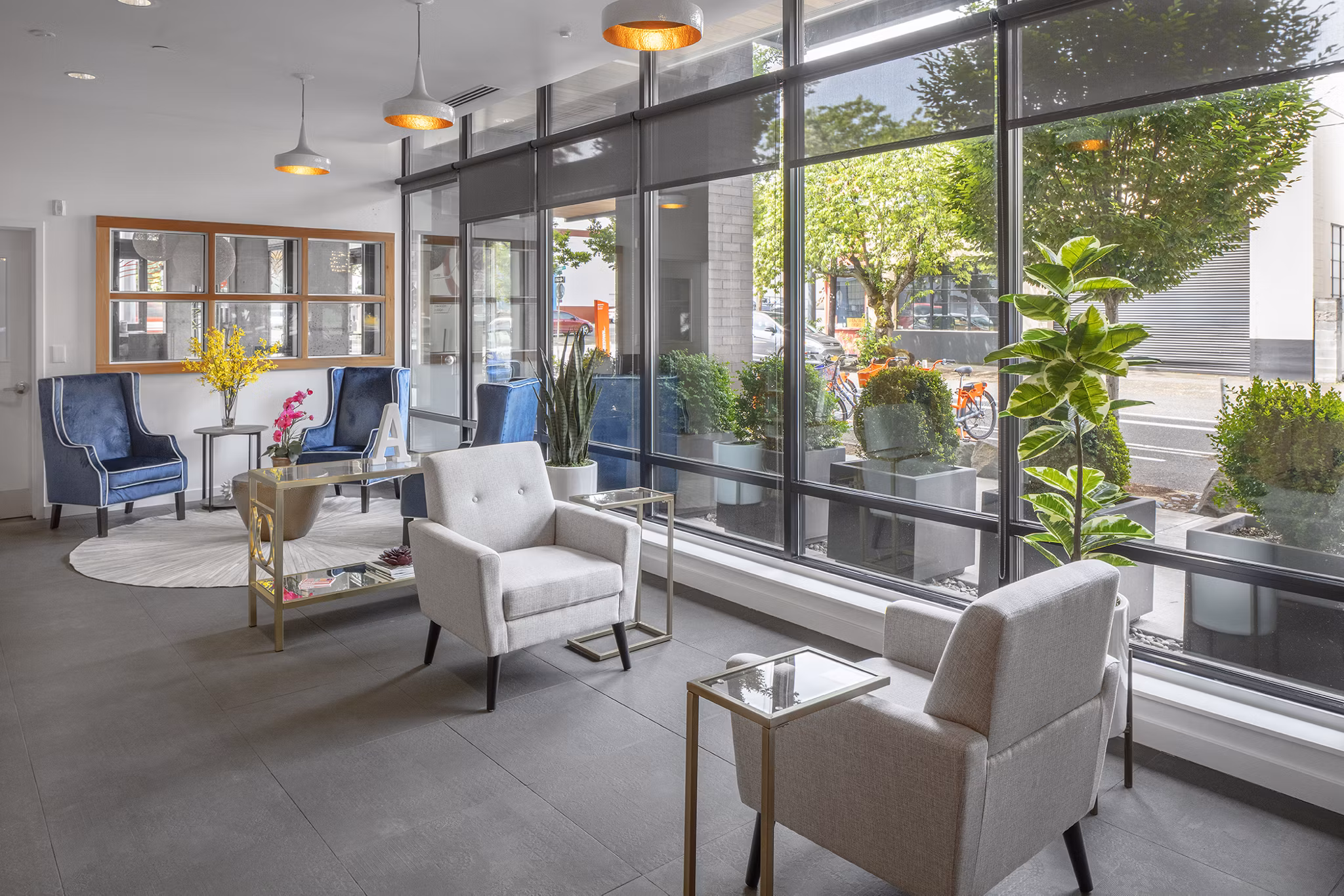Modern clubhouse featuring stylish seating and decor at The Addy Apartments, a luxury living community in the heart of the city