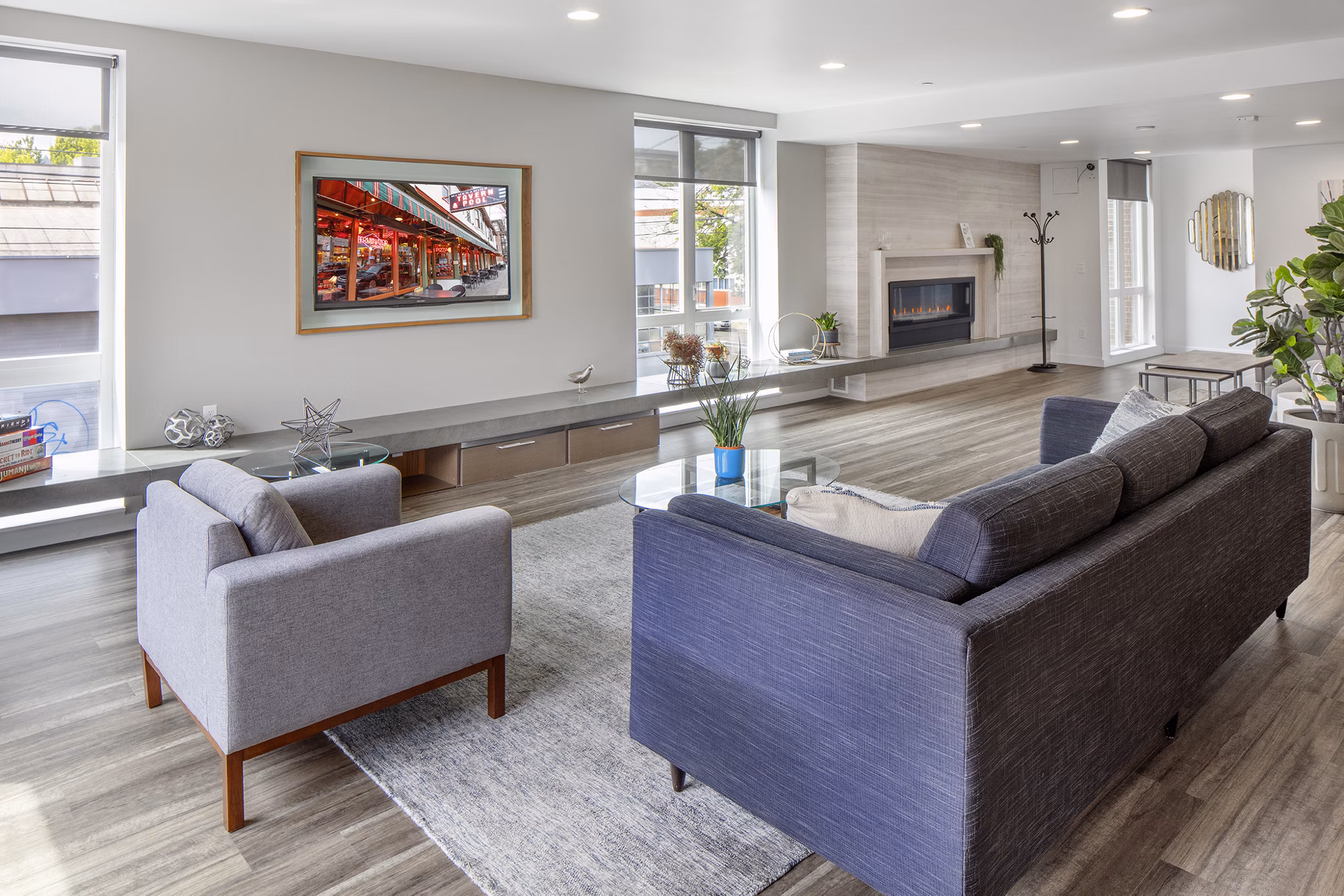 Clubhouse featuring modern design elements at The Addy Apartments, a Greystar luxury property in a vibrant community setting