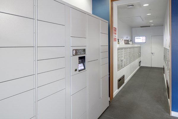 Mailroom with organized packages at The Addy Apartments