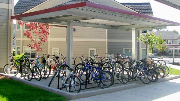 Bike storage area with secure racks at Timberhill Meadows Apartments for convenient tenant bicycle parking