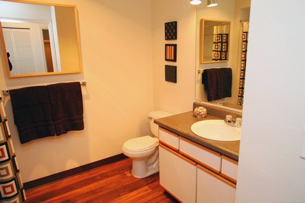 Luxurious bathroom featuring sleek fixtures and ample lighting at Jackson School Village Apartments