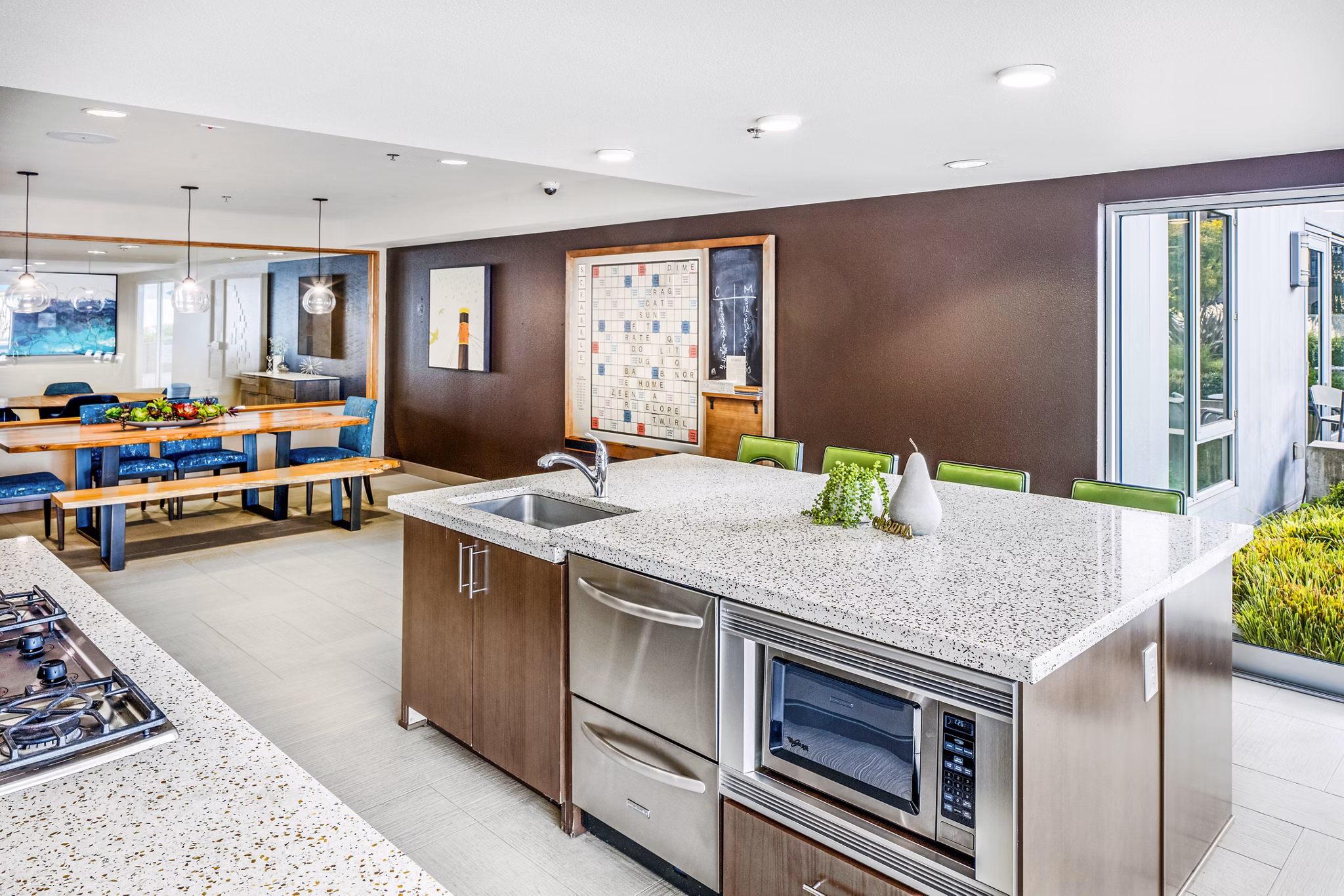 Clubhouse kitchen with modern appliances at Enso Apartments