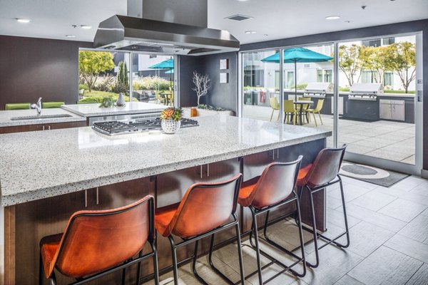 Clubhouse kitchen showcasing modern appliances and sleek design at Enso Apartments, a premium luxury living community