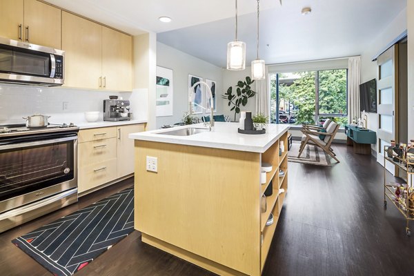 Contemporary kitchen with modern appliances at Enso Apartments