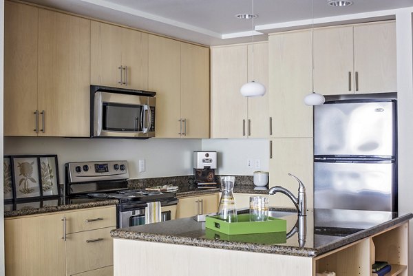 Modern kitchen with stainless steel appliances and quartz countertops in Enso Apartments