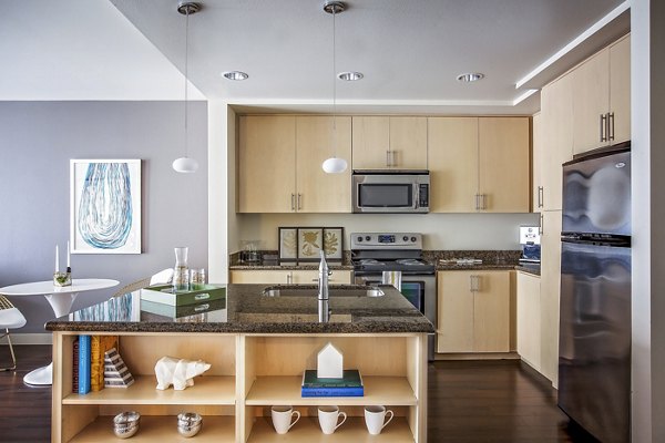 Modern kitchen with stainless steel appliances at Enso Apartments, a luxury Greystar community