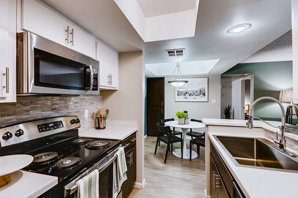 Modern kitchen with stainless steel appliances in Rockledge Fairways Apartments