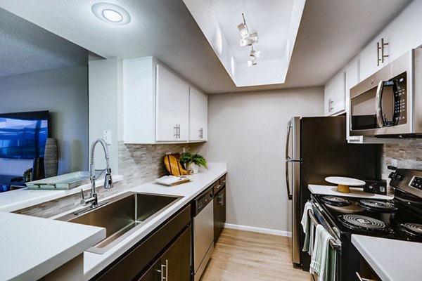 Modern kitchen with stainless steel appliances at Rockledge Fairways Apartments, luxury living by Greystar