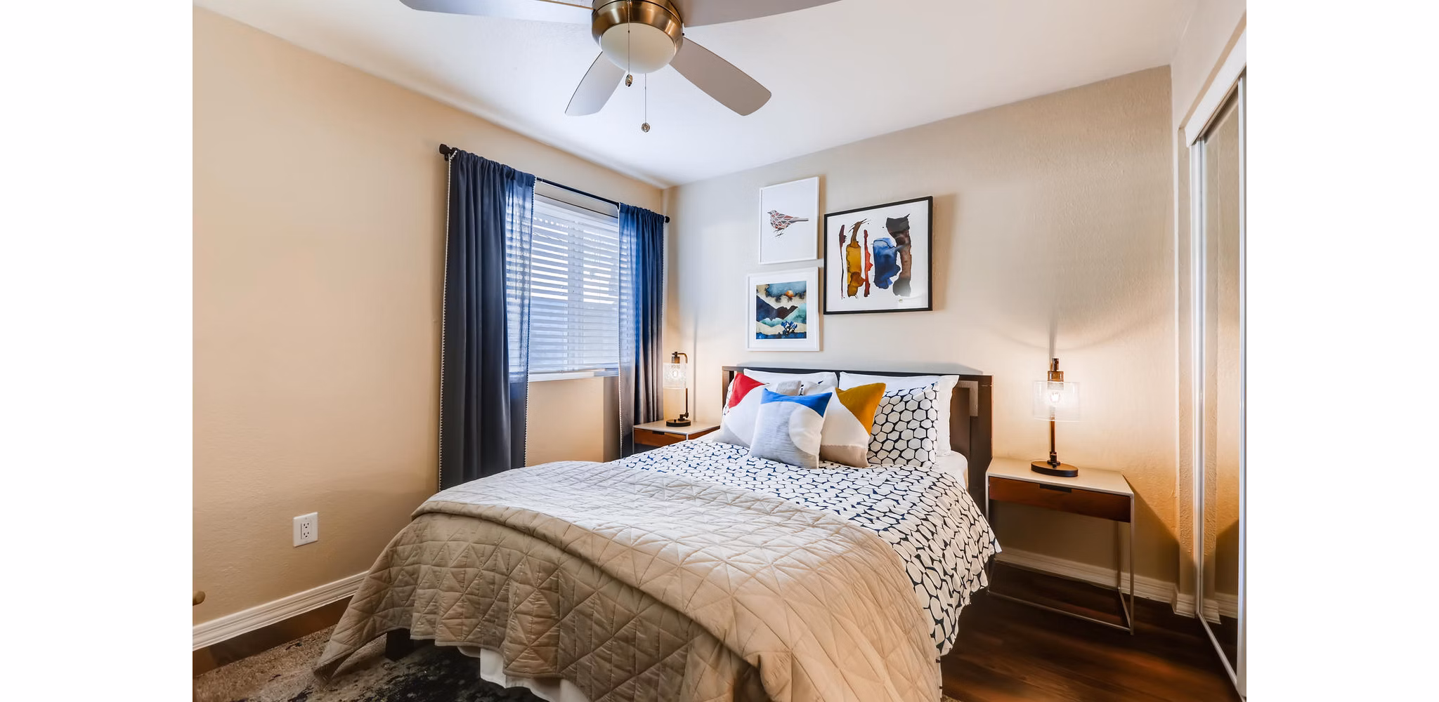 Cozy bedroom with neutral tones at Scottsdale Gateway Apartments luxury community