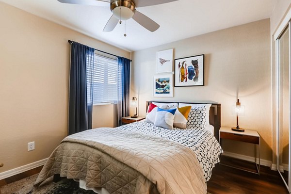 Cozy bedroom with neutral tones at Scottsdale Gateway Apartments luxury community