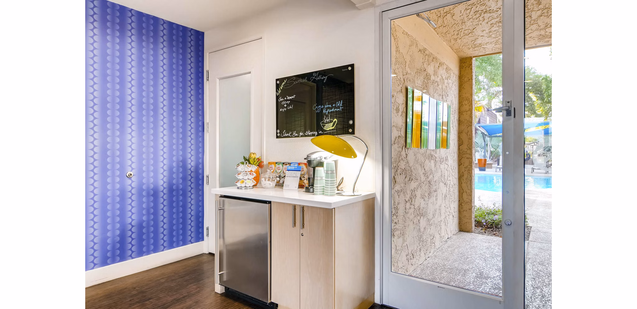 Clubhouse with modern decor and seating at Scottsdale Gateway Apartments, a Greystar luxury apartment community in Scottsdale, Arizona