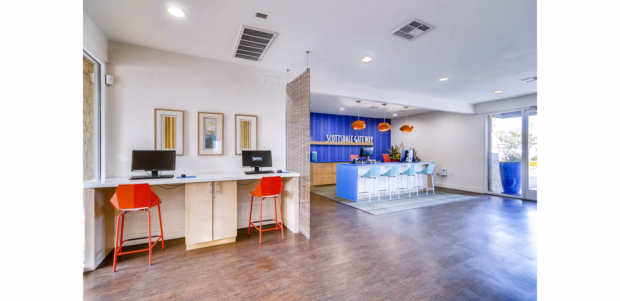 Clubhouse featuring modern amenities at Scottsdale Gateway Apartments, a luxury residence in Arizona