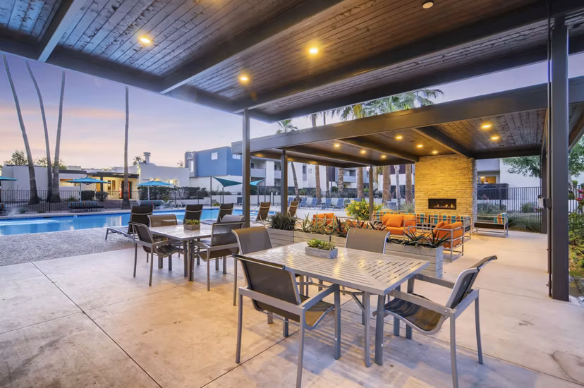 Outdoor fire pit at Scottsdale Gateway Apartments with cozy seating for luxury gatherings