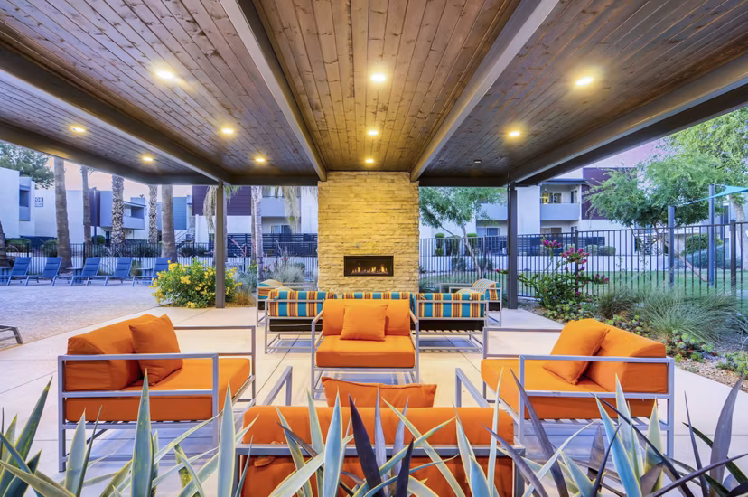 Outdoor fire pit area for social gatherings at Scottsdale Gateway Apartments luxury complex