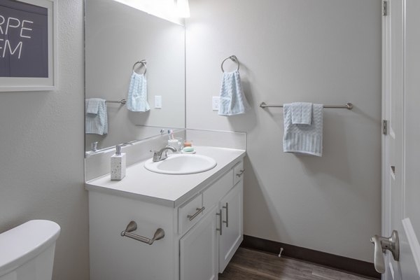 Modern bathroom featuring marble countertops and sleek fixtures at Canyon Park Apartments in Greystar luxury living community