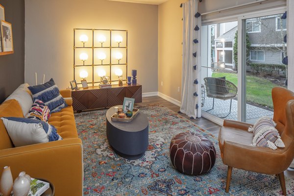 Elegant living room with contemporary furnishings in Canyon Park Apartments