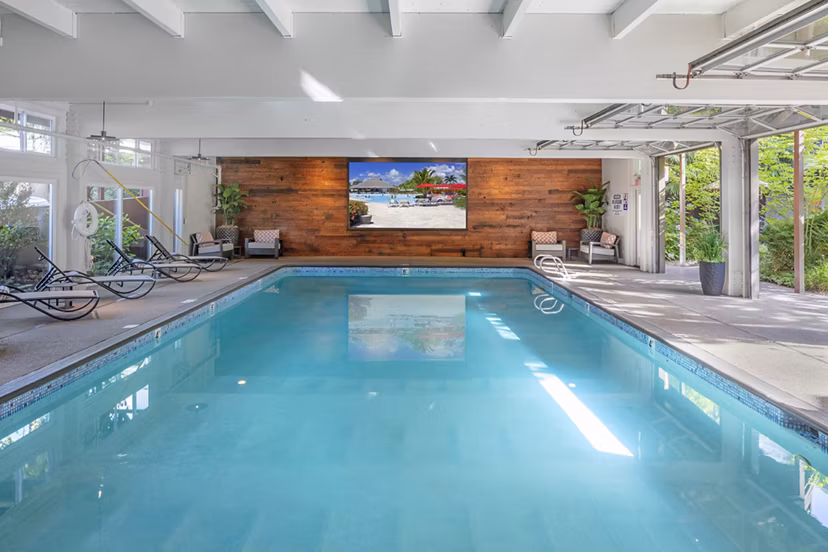 Tranquil pool area with lush greenery at Canyon Park Apartments