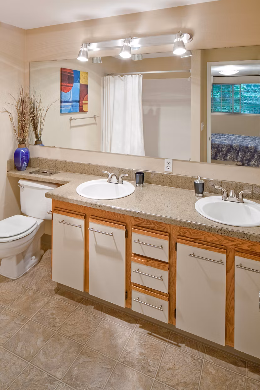 Bathroom featuring modern fixtures and ample counter space at Landmark at Tanasbourne Apartments