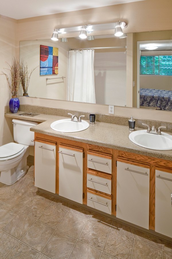 Bathroom featuring modern fixtures and ample counter space at Landmark at Tanasbourne Apartments
