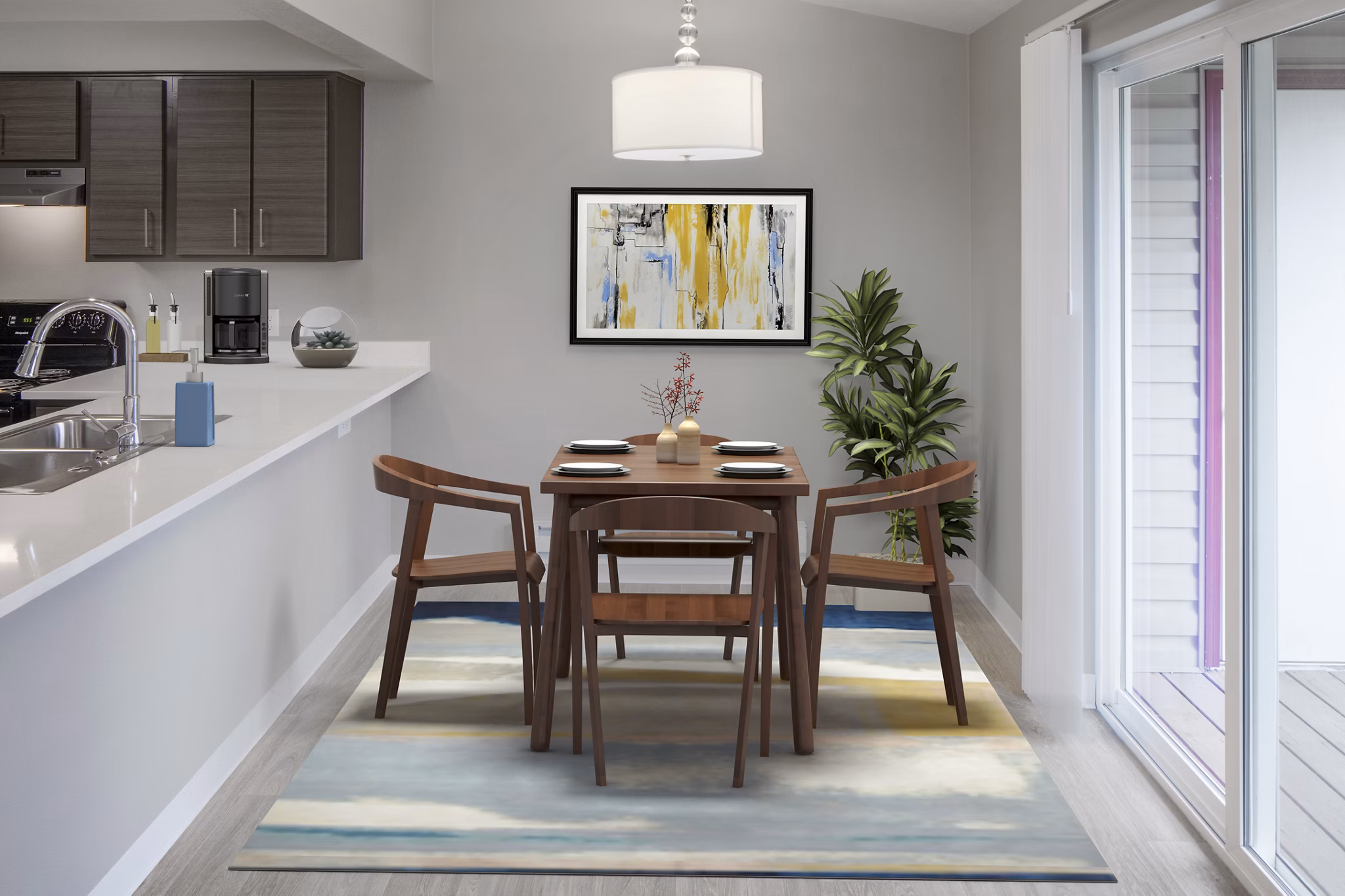 Dining area featuring modern decor and large windows in Crescent Park Apartments